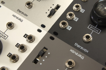 Four different coloured Ondes VCO modules next to each other